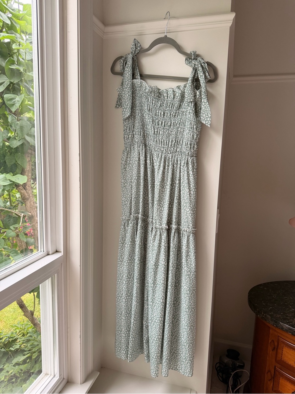 Vine & Love Sage Green Floral Tie-Shoulder Maxi Dress